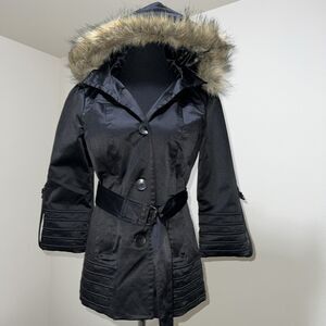 Guess Jacket Trench Coat Removable Faux Fur Trim Hood Womens M Black Gold Lined